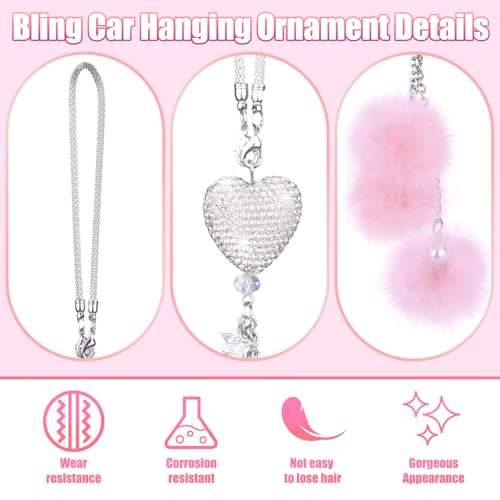 Bling Car Hanging Ornament, Bling Car Mirror Accessories for Women, Diamond Heart and Fuzzy Plush Ball, Car Accessories Hanging, Rear View Mirror Hanging Charm Pendant (White Heart, Pink Fluff)
