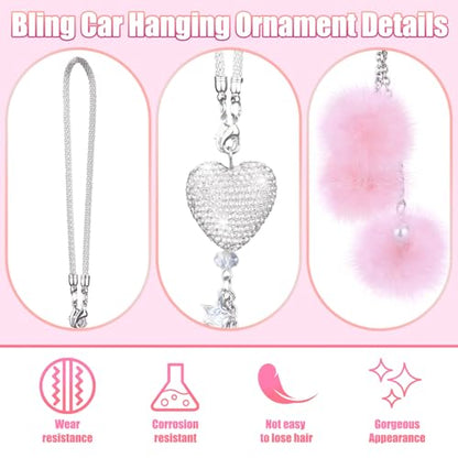 Bling Car Hanging Ornament, Bling Car Mirror Accessories for Women, Diamond Heart and Fuzzy Plush Ball, Car Accessories Hanging, Rear View Mirror Hanging Charm Pendant (White Heart, Pink Fluff)