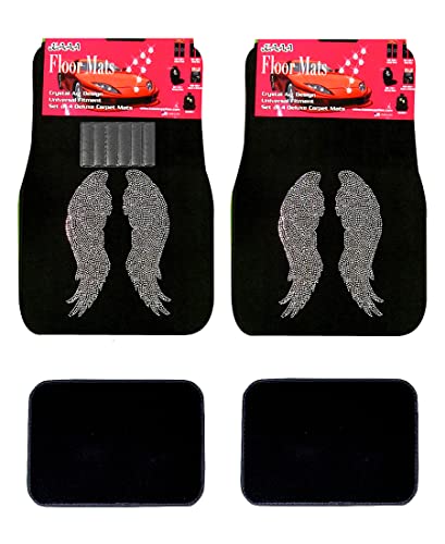 Universal Fit Car Truck Front/Rear 4-Piece Full Set Angel Crystal Bling Rhinestone Studded Black Carpet Floor Mats (Angel Wing/Black) - color: Angel Wing/Black