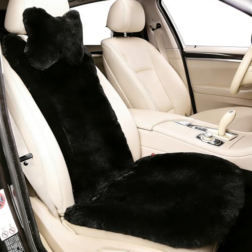 OGLAND Black Fuzzy Sheepskin Car Seat Covers | Genuine Fur Wool Seat Protectors for Leather Bucket Seat Cushions | Fluffy Warmers for Mercedes, Audi & Luxury Cars | Flush Furry Interior Upgrade - color: Black