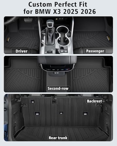Floor Mats Custom Fit for BMW X3 2025 2026 M50/30 xDrive Trunk Mat with Backrest Mat All Weather TPE Rubber Cargo Liner Anti-Slip Full Set for BMW X3 Accessories (Trunk Mat+Backrest Mats+Floor Mats) - size: For BMW X3 2025-2026