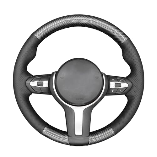 MEWANT Hand-Stitched Steering Wheel Cover for BMW (M Sport) F22 F23 F30 F34 F32 F33 F36 F10 F07 F12 F13 F06 F39 F25 F26 F15 F16, DIY Custom Fit Steering Wheel Wrap for BMW - color: 24: PU carbon fiber + black perforated leather