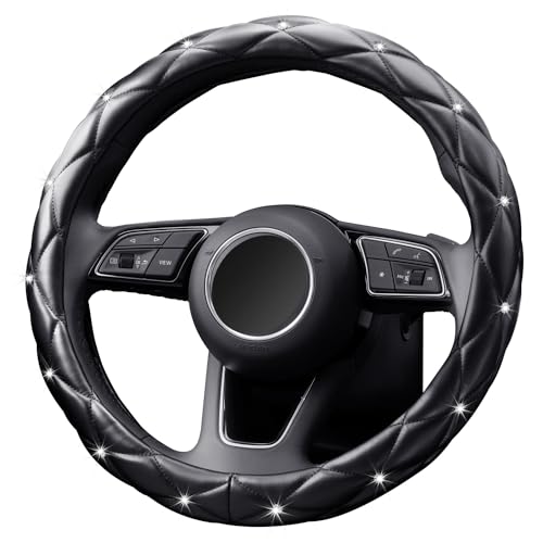 YOGURTCK Diamond Soft Leather Anti-Slip Steering Wheel Cover with Bling Bling Crystal Rhinestones, Universal 15 Inch for Women Girls, Fit Vehicles, Sedans, SUVs, Vans, Trucks - Black - color: A-Black