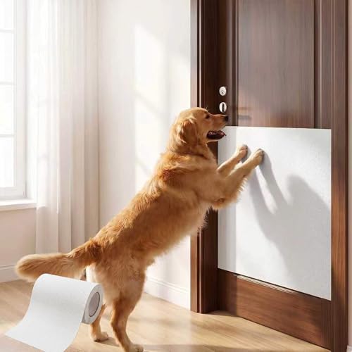 Dog Door Scratch Protector, Self-Adhesive Pet Scratch Pad for Door & Wall, Dog Nail Filing Board Alternative to Nail Clippers, Protects Doors from Scratching 10in x 10ft (White)