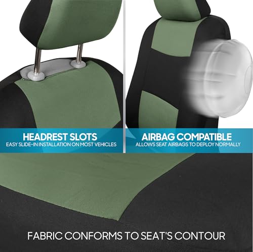 BDK PolyPro Car Seat Covers Full Set in Green on Black, Front and Rear Split Bench Seat Covers for Cars, Easy to Install Car Seats Cover Set and Accessories for Auto Trucks Van SUV - Green - color: Green