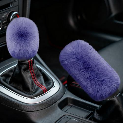 2PCS Plush Car Gear Shift Knob Cover & Handbrake Cover, Shift Knob Protector, Soft Fluffy Gear Handbrake Protective Sleeves, Shifter Lever Brake Handle Warm Plush Set for Cars (Dark Blue) - color: Dark Blue
