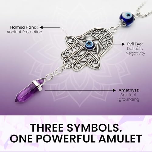 LUCKBOOSTIUM Hand Protection Amulet Car Rearview Mirror Hanging Ornament Accessories with Evil Eye Good Luck Charms - (2"x11", Amethyst) - color: Amethyst