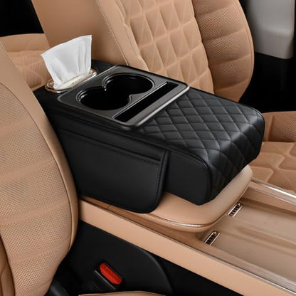 Car Armrest Pad, Universal Armrest Cushion Pad, Leather Armrest Box Pad - color: With cup holder, Black