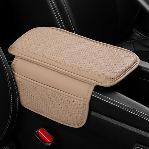Cxtiy Upgraded Car Center Console Cover,Microfiber Leather Car Armrest Cover Cushion with 2 Storage Bags,Universal Car Armrest Storage Box Car Interior Accessories for Most Vehicles (Beige)