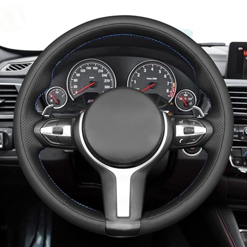MEWANT Hand-Stitched Steering Wheel Cover for BMW (M Sport) F22 F23 F30 F34 F32 F33 F36 F10 F07 F12 F13 F06 F39 F25 F26 F15 F16, DIY Custom Fit Steering Wheel Wrap for BMW - color: 29:3D style:Microfiber leather&White thread