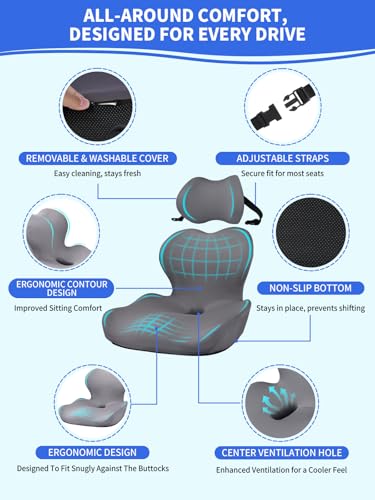 Nicecastle 3-in-1 Truck Seat Cushion Headrest Set Ergonomic Memory Foam Car Seat Cushion with Adjustable Straps Hip Back Head Support for Long Driving Semi Truck Car Office Wheelchair