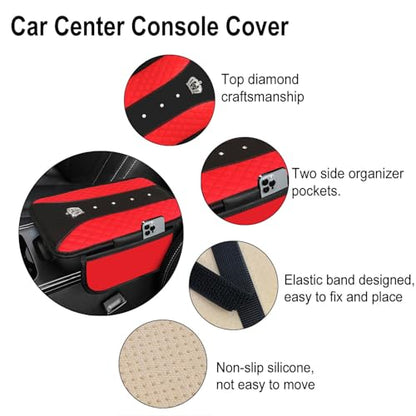 NBTEPEM 6 PCS Bling Car Accessories Set, Leather Steering Wheel Covers Universal 14.5-15 inch, Center Console Cover, Seat Belt Cushion, Cup Holder Coaster (Red) - color: Red