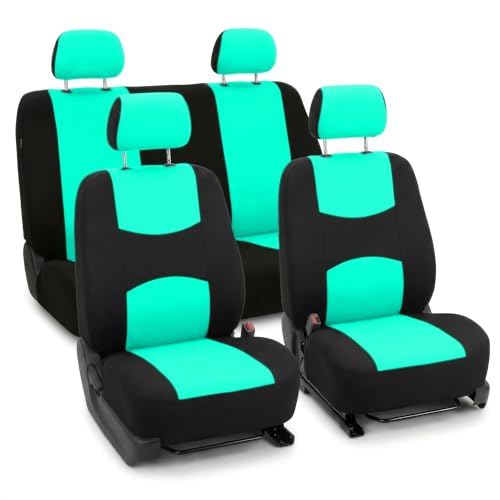 FH Group Bright Flat Cloth Full Set Automotive Seat Covers Front Set and Rear Solid Bench Mint Black Seat Covers w. Gift Universal Fit Interior Accessories for Cars Trucks and SUVs - color: Mint