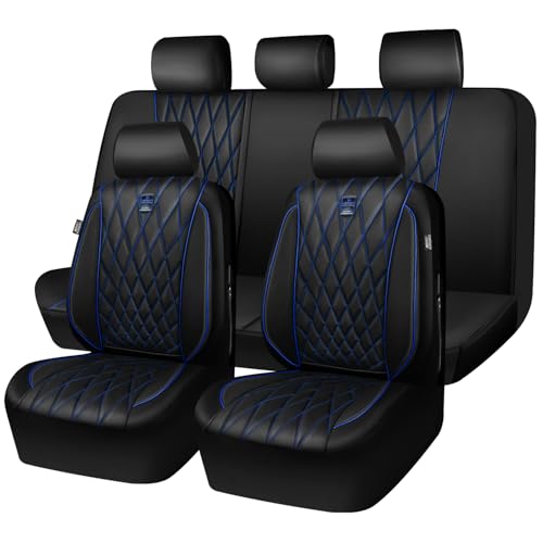CAR PASS Piping Luxury Leather Seat Covers Full Set,5 Seats Anti-Slip Waterproof Seat Covers Compatible with Front Armrests,Universal Fit for Sendan SUV Van Truck,Airbag Compatible,Black and Blue - color: Black with Blue, size: Full Set