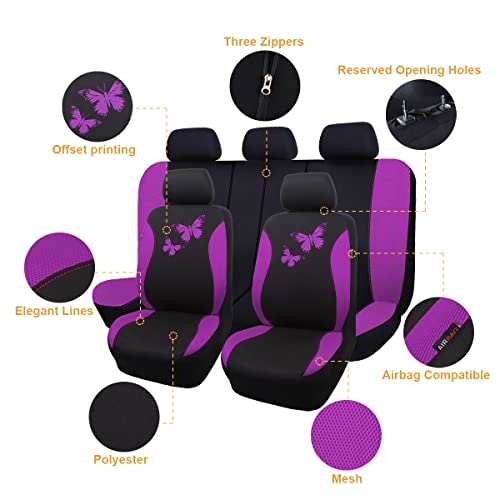 Flying Banner Butterfly car seat Covers ful Set Fashion Universal Lady Woman Female Rear Bench Split Colorized (Full Set, Purple) - color: Purple, size: Full set