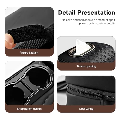 Car Armrest Cushion, Classic Grid Pattern Car Center Console Cover Pad, Waterproof 4-in-1 Armrest Cover with Tissue Box, Cup Holder, 2 Storage Bags, Universal for Most Cars (Black) - color: Black