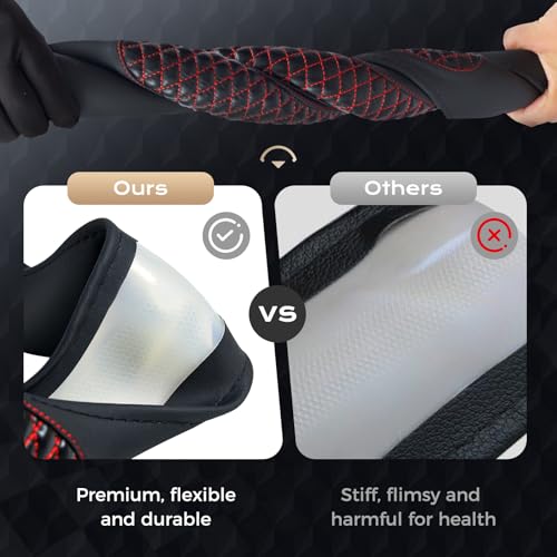 Coverado Car Steering Wheel Cover, Nappa Leather Black & Redline Steering Wheel Covers, Universal 14-15 inch, Anti-Slip, Breathable Steering Wheel Protector for Women Men - color: C-Red