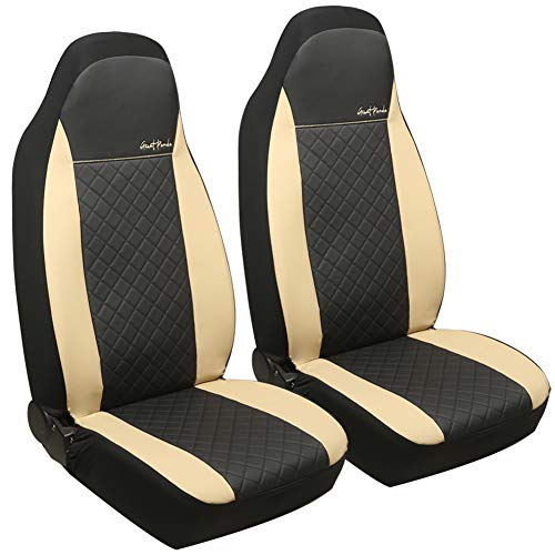 GIANT PANDA Front Car Seat Covers, Bucket Seat Covers, Faux Leather High Back Auto Seat Covers for Cars, Trucks, Jeep, Van, SUV, Pickup, Airbag Compatible (Black + Beige)