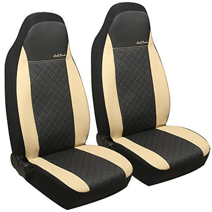 GIANT PANDA Front Car Seat Covers, Bucket Seat Covers, Faux Leather High Back Auto Seat Covers for Cars, Trucks, Jeep, Van, SUV, Pickup, Airbag Compatible (Black + Beige)