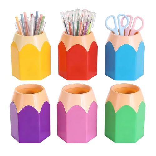 6pcs Pencil Shaped Pen Holders, Cute Desktop Pencil Cup & Makeup Brush Container - Creative Stationery Storage Organizer for Office & Home Decor, Durable Pen Cups, Colorful Containers