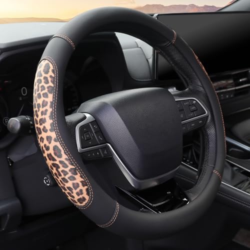 Microfiber Leather Leopard Steering Wheel Cover, Universal 15 Inch, Spliced Anti-Slip Car Wheel Protector, Luxury Cheetah Auto Accessories, Coffee Black - color: Brown Leopard