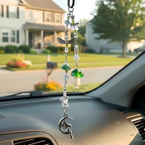 Mushroom Car Accessories for Women Cute Mushroom Car Hanging Ornament Boho Rear View Mirror Accessories Interior Car Decor Bag Charms Gifts for Women Girls (Green) - color: Green