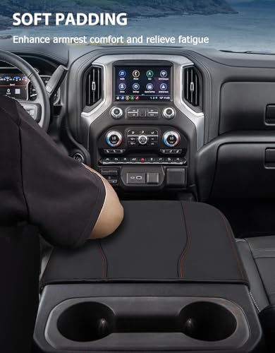 Center Console Cover for Chevy Silverado 1500 Accessories & GMC Sierra 2019-2026, Yukon & Tahoe & Suburban 2021-2026, Bucket Seat Only, Vinyl Armrest Middle Console Cover, Black-Red Stitch - color: Black with red stitching