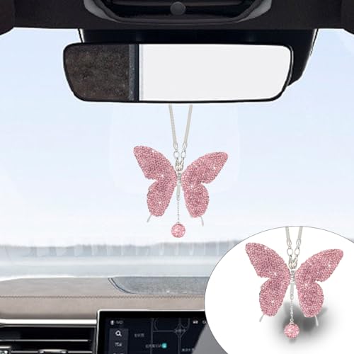 Bling Butterfly Diamond Car Hanging Accessories, Crystal Car Rear View Mirror Charms Car Decorative Accessories for Women, Lucky Presents Hanging Ornament Pendant Decor for All Cars (Pink) - size: Pink