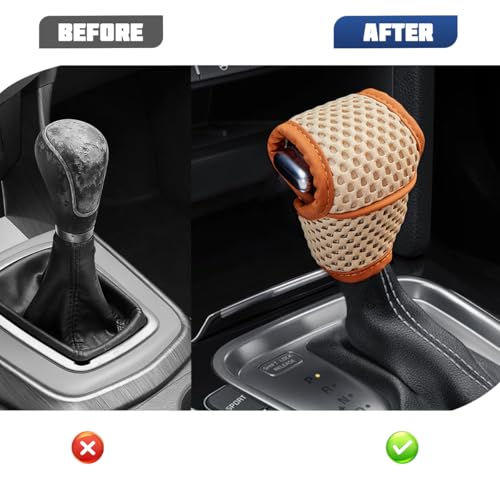 Car Gear Shift Knob Cover, Dust-Proof Soft Breathable Vehicle Manual Stick Handle Shifting Knob Protector, Automotive Interior Shift Lever Decoration, Universal Fit (Beige/Brown line)