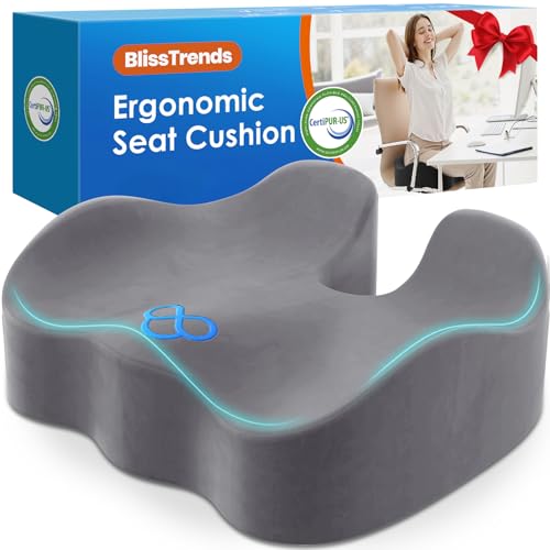 BlissTrends Seat Cushion,5.2in Thick Memory Foam Cushions for Office Chair, Car Seat, Airplane, Relieving Pressure Tailbone Sciatica Back Pain for Long Sitting Office Workers, Car Drivers LightGrey - color: Light Grey, size: X-Large