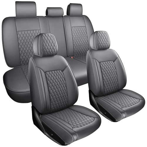 Gray Leather Car Seat Covers Full Set,High-Density Contoured Nappa Leather Universal Precision Fit Seat Cover Solutions,Waterproof Automotive Seat Covers & Accessories,Style1 Gray - color: Gray Full Coverage