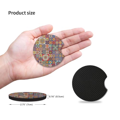 Boho Absorbent Neoprene Car Coasters, 2.75inch Mandala Style, 2 Pack Universal with Finger Slot