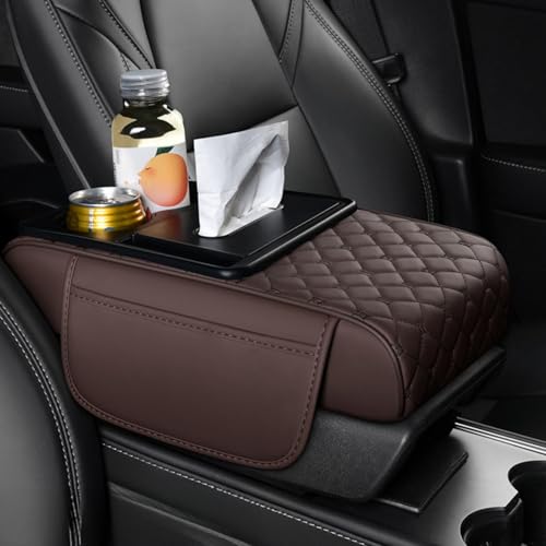 Center Console Cover Organizer, 5-In-1 Arm Rest Cover for Car with Cup Holder & Storage Pocket & Tissue Holder, Armrest Cover Cushion Pad, Grid, Brown - color: Brown, size: Grid