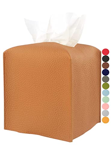 Tissue Box Holder Tissue Cover – Square Faux Leather Tissue Box Cover with Bottom Belt [JESMINI, Camel Brown] Tissues Cube Box Cover for Bathroom/Night Stands/Office - color: Camel Brown