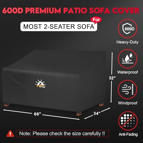 Zettum Patio Loveseat Cover 66 Inch - 600D Outdoor Couch Sofa Cover Waterproof Heavy Duty, 2-Seater Lawn Furniture Covers for Outside Sofa, Loveseat, Couch, Bench and Glider - 66 x 34 x 32 Inch - size: 66 x 34 x 32 Inch