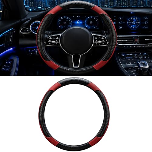 Car Steering Wheel Cover, 15 inch Carbon Fiber Microfiber Anti-Slip Breathable PU Leather Elastic Steering Wheel Protector, Car Interior Accessories for Most Cars (Wine Red) - color: Wine Red