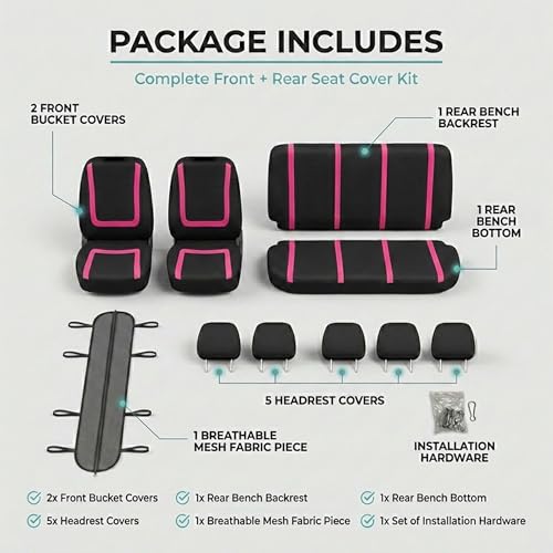 FH Group Full Set Car Seat Covers Unique Flat Cloth, Front Set and Solid Bench Cover with Gift, Easy to Install- Universal Fit for Cars Trucks and SUVs (Pink) - color: pink