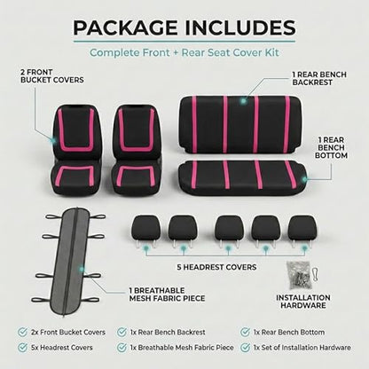 FH Group Full Set Car Seat Covers Unique Flat Cloth, Front Set and Solid Bench Cover with Gift, Easy to Install- Universal Fit for Cars Trucks and SUVs (Pink) - color: pink