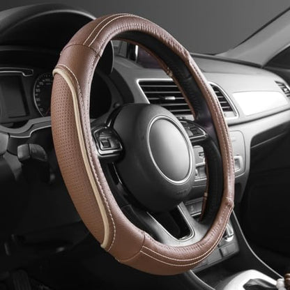 CAR PASS Brown Delux Leather Steering Wheel Cover, Universal Fit for Suvs,Sedans,Vans,Small Trucks for 14.5" to 15"(Brown & Beige Piping) - color: Brown