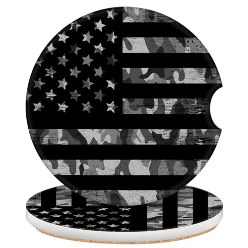 2 Pack Car Coasters for Cup Holders, 2.56" Universal Absorbent Ceramic Stone Car Cup Holder Coasters with Non-Slip Cork Base, Car Accessories for Women Men(Black Camouflage American Flag) - color: Black Camouflage American Flag