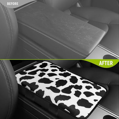 SuperKaKa Car Cow Print Armrest Cover-Cute Center Console Mat Cars Interior Accessories for Women Men,Protection Pad Fit Most Auto,Vehicle, SUV, Truck Arm Rest Box (Cow, Black)