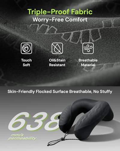 BENEUNDER Travel Neck Pillow for Airplane, Inflatable Compact 360°Head Support Pillow, Comfortable Breathable Cover for Travel, Train,Car with Storage Bag, Black