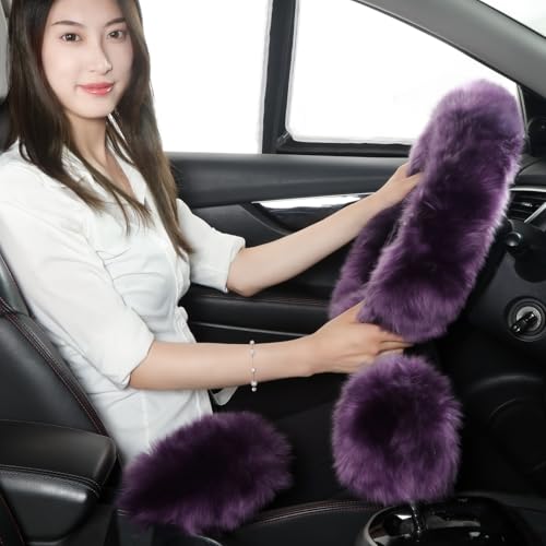 Fuzzy Genuine Sheepskin Steering Wheel Cover Set for Women Parents-Fluffy Soft Australian Merino Wool Wrap with Gear Shift and Hand Brake Covers, Cozy Stylish Luxury Car Accessories (Lavender Purple) - color: Lavender Purple