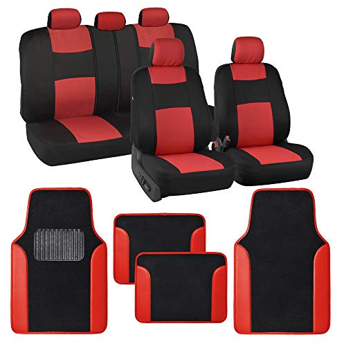 BDK PolyPro Red Car Seat Covers Full Set with 4-Piece Car Floor Mats - Two-Tone Seat Covers for Cars with Carpet, Interior Covers for Auto Truck Van SUV - color: Black & Red
