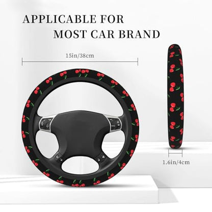 Red Cherry Cherries Leaves Leaf Car Steering Wheel Cover,Non-Slip Elastic Neoprene-Sweat Car Accessories,Universal 15 Inch Fit Auto, Vans Trucks,Suvs, Truck - color: Cherry