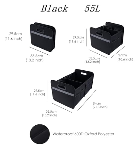 Trunk Organizer for car, Foldable Cargo storage, Black 55L, for SUV Car Truck, 600D Waterproof Oxford Polyester, 2 Compartments With Handle, Car seat storage box
