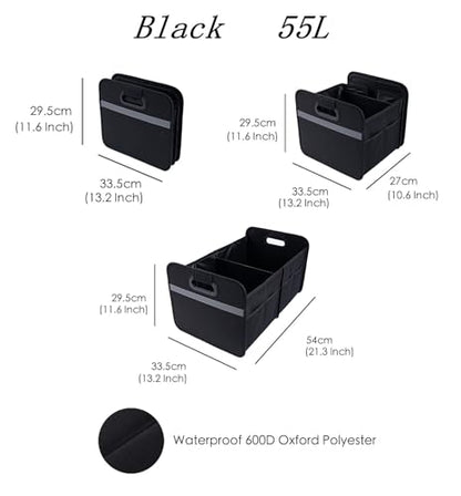 Trunk Organizer for car, Foldable Cargo storage, Black 55L, for SUV Car Truck, 600D Waterproof Oxford Polyester, 2 Compartments With Handle, Car seat storage box