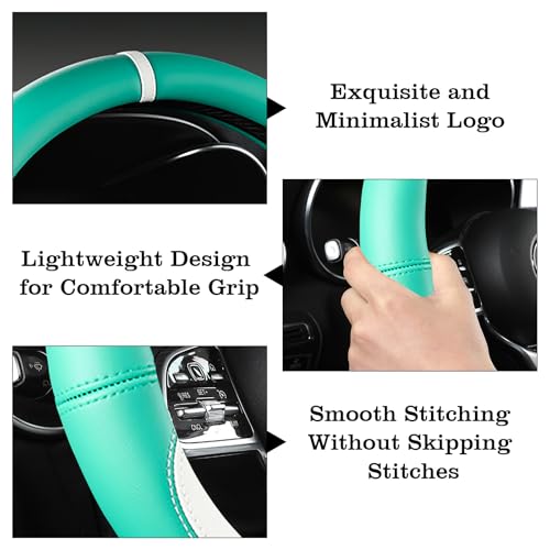 Car Leather Steering Wheel Cover - Panapi Material, Universal 14.5-15 Inch Leather Anti-Slip Breathable Auto Steering Wheel Covers for Men Women (Nappa Leather - Blue & White) - color: Nappa Leather - Blue & White