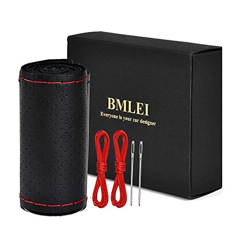 Universal Car Steering Wheel Cover with Top Genuine Leather, Anti-Slip Design and Soft Padding, Stitching Style (Black Leather with red Thread) - color: the red thread