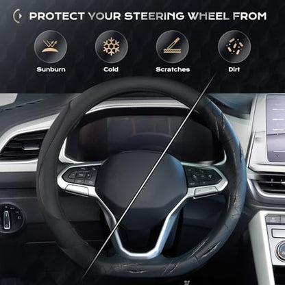 Coverado Car Steering Wheel Cover, Nappa Leather Black Steering Wheel Covers for Women, Universal 14-15 inch, Anti-Slip, Breathable Steering Wheel Protector - color: B-Black&Black